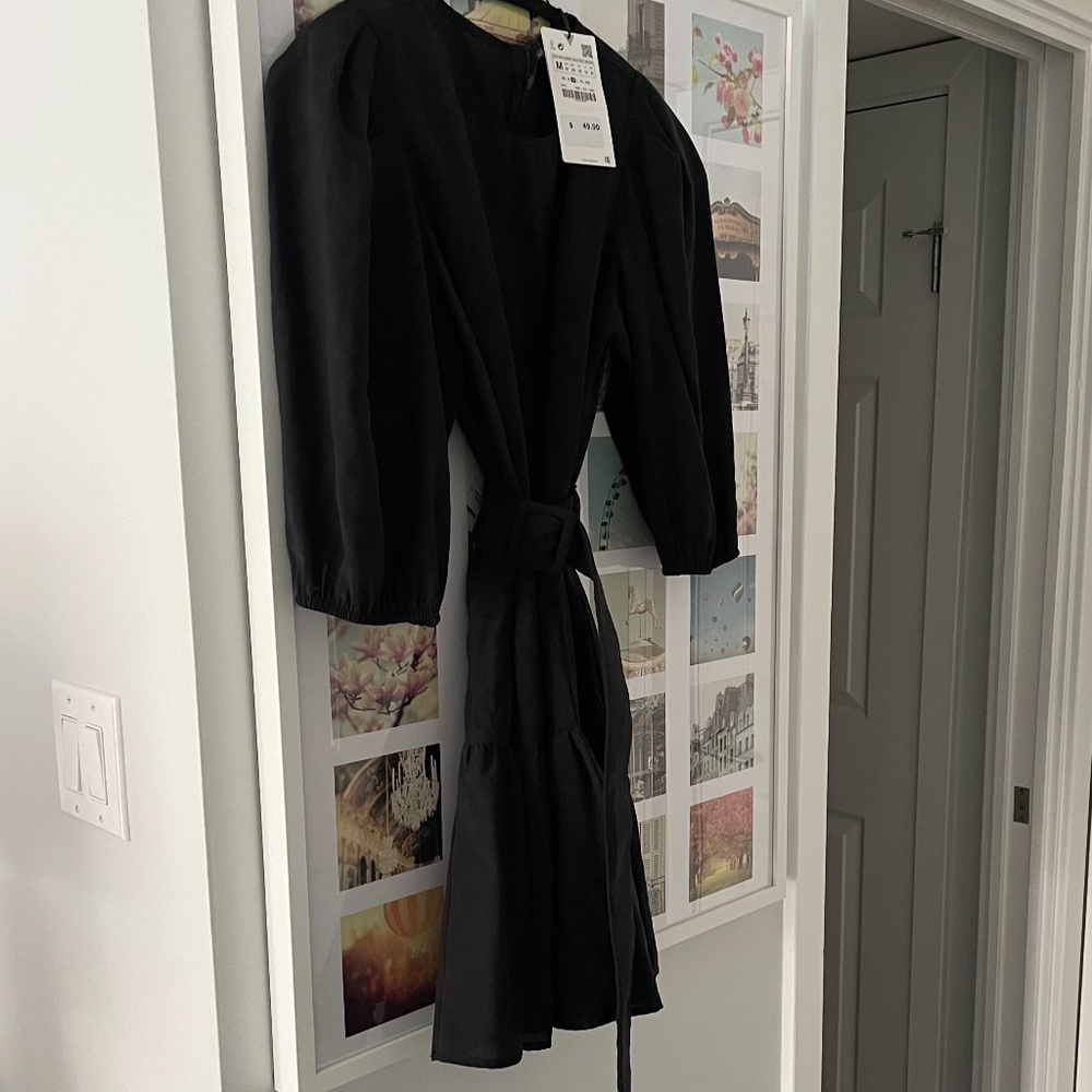 Zara, Black, Puff Sleeve Belted Mini Dress, Size M